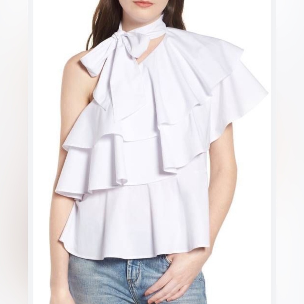 Leith White One-Shoulder Ruffle Tie-Neck Blouse